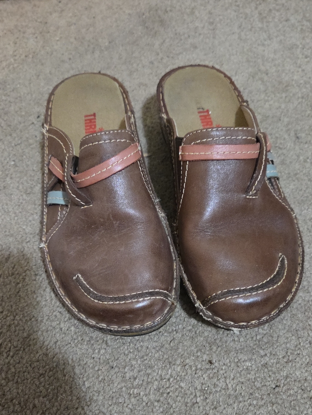 Women's Brown Leather Slip-On Mules with Pink Accent Strap